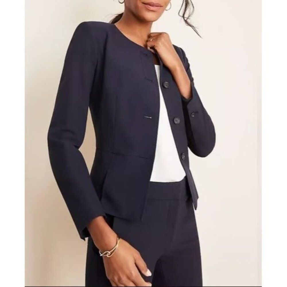 Ann Taylor Blazer Jacket The Pleated Size 2 Collarless Seasonless Stretch Navy